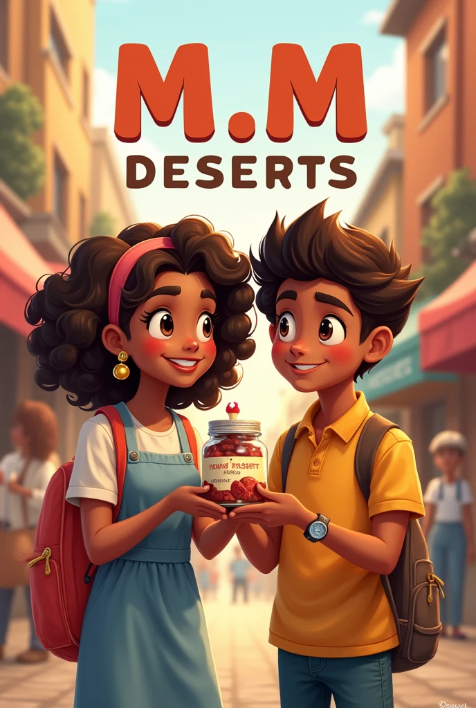 Write on image "M.M DESERTS" along with an illustrative drawing of a boy with a girl holding a jar of dessert in their hands in a street sales scenario, Both the  and the  should have brown skin and wavy hair..