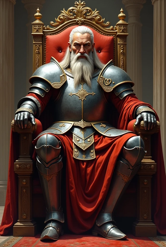 Majestic old king with beard in full body plate armor sitting on a throne and commanding authority just with a stare of his eyes