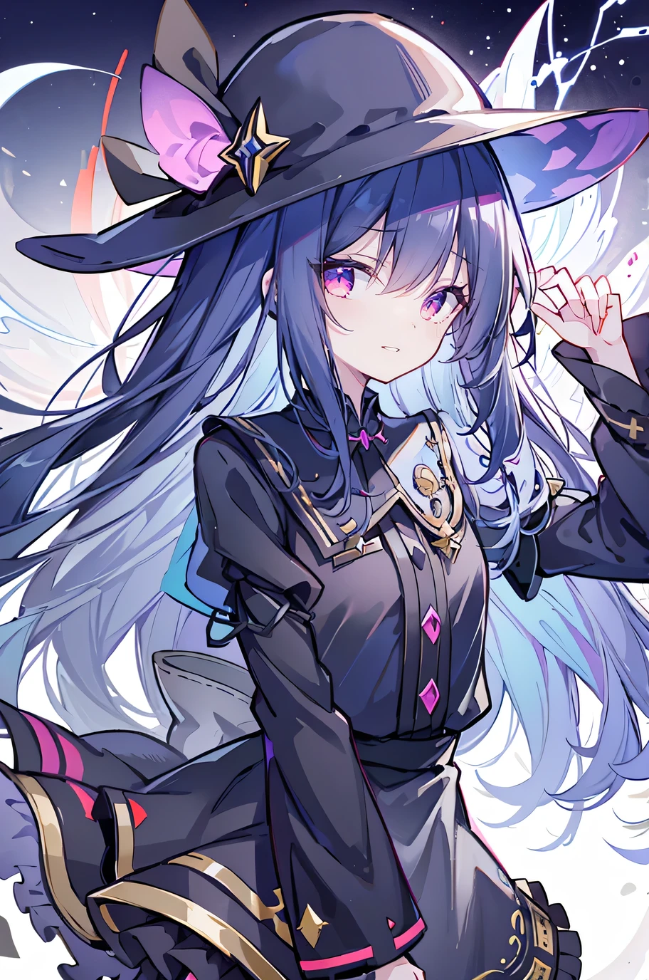 oung Girls,Humanity,A magician always smiles,big witch hat,cute,dark blue long hair,The eyes are dull,The bangs are heavy,Thin eyebrows,fantasy,intake,Double teeth,Star Theme,Constellation pattern,Solid color clothetal decoration,cloak,A bit of a dark atmosphere,A little crazy smile,When the big moon shines outside at night,blood,Hair black star embellishment,Short tie,No nails,High waist skirt,Bell sleeves,Long-sleeved shirt,Black tie,low risk,gentlemen。Mist、Yellow and white effect,Shocking pink as an accent color