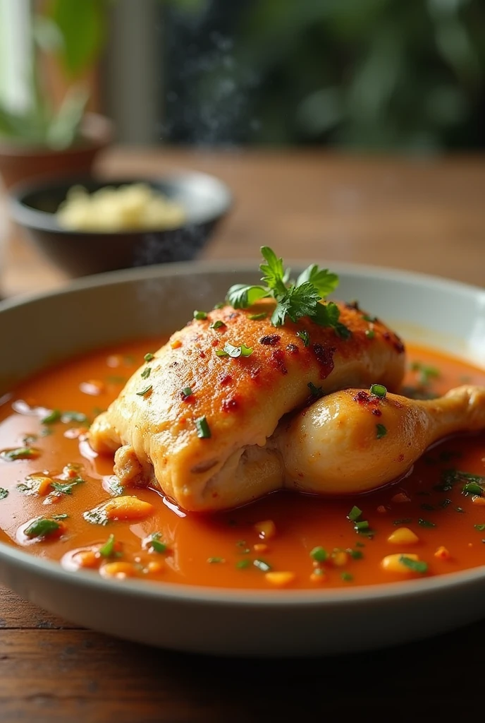 a YouTube thumbnail with a chicken cover with soup with spices on it on the plate and attractive picture
