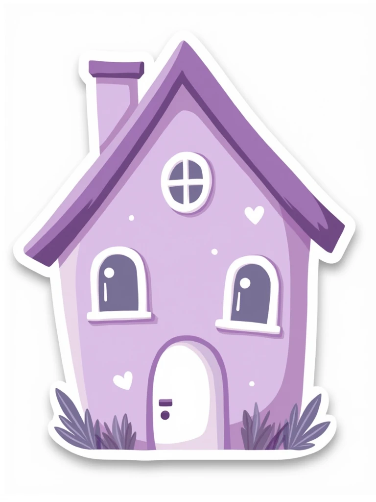 Label. PNG image. White background. A label in the shape of a lilac house.  Cartoon style.