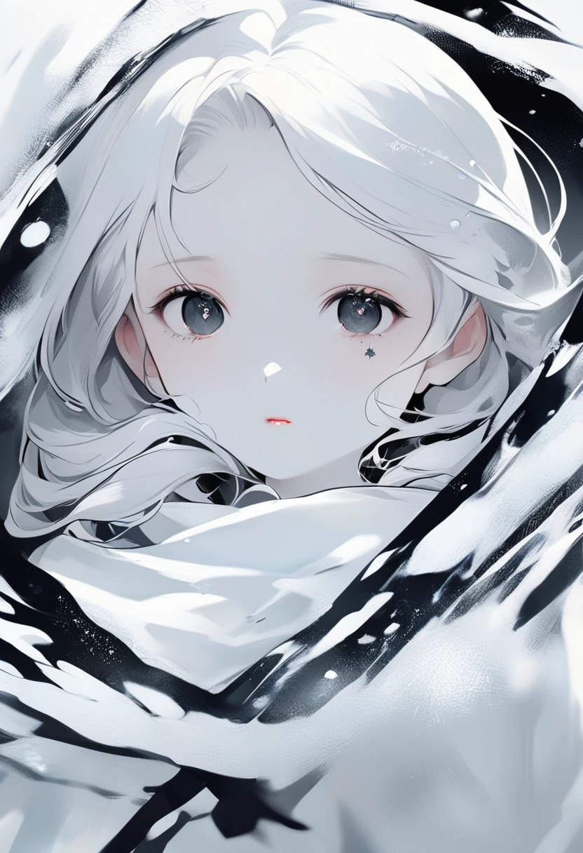 A girl, ten years old, with a smooth face and delicate, cold expressions. White hair on the right, white hair on the left. Black pupils, black whites with star-like points. A cold gaze.