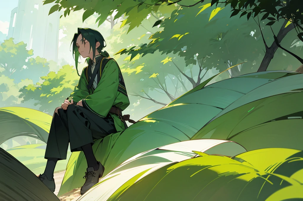 A thoughtful young man with hair length till shoulders, a neutral expression, dressed in green-colored clothing and wearing comfortable shoes, lost in thought in a natural setting, his gaze off in the distance