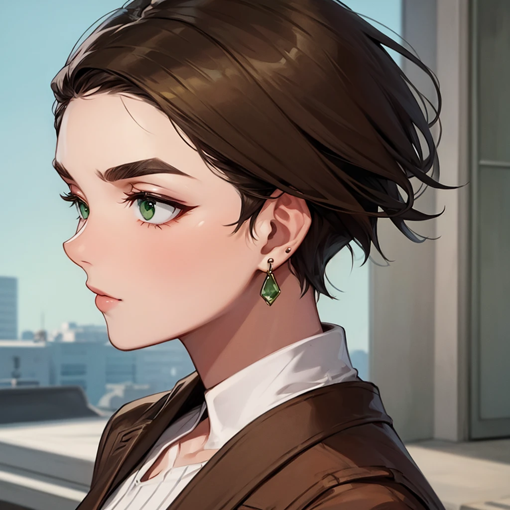 Strictness, eyebrows knitted, short hair, Brown hair, earrings, green eyes, solo, To profile,