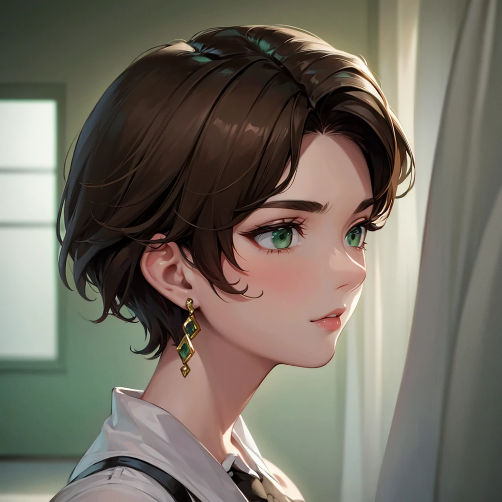 Strictness, eyebrows knitted, short hair, Brown hair, earrings, green eyes, solo, To profile, 