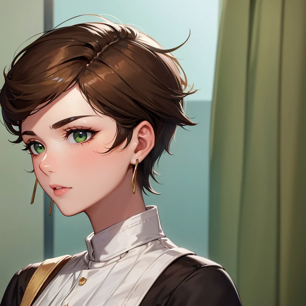 Strictness, eyebrows knitted, short hair, Brown hair, earrings, green eyes, solo, To profile,