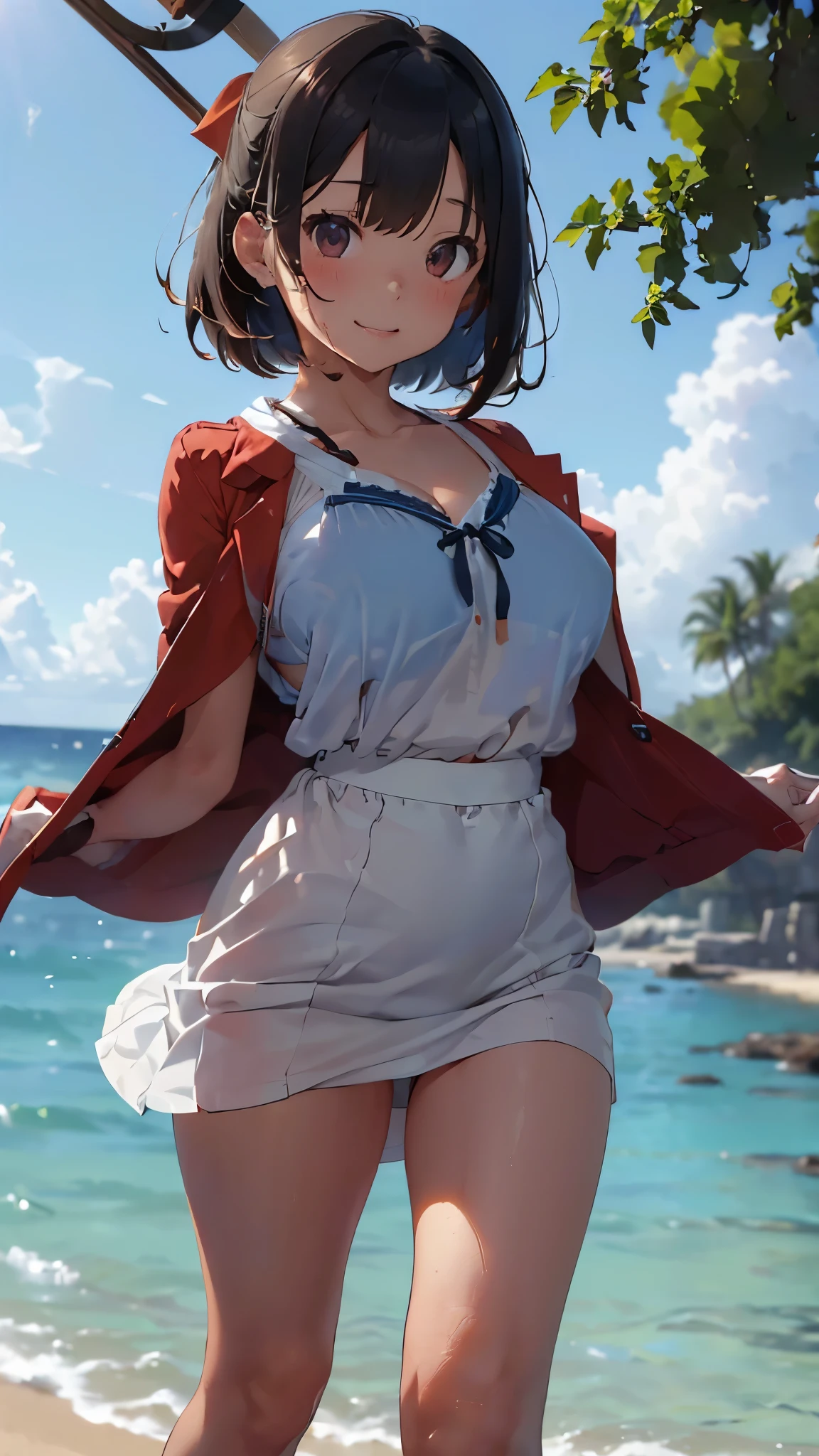 (Cute Smile、Black short bob、Cute orange hair clip)、((Clothed Big Tits、Pure white blouse))、((Light blue flared skirt、The wind blows up her skirt and her underwear is visible、White underwear with cute ribbon))、Bare feet and naked feet、((Sandy beach, sea and blue sky))、((The face is in focus and the background is blurred、Shallow depth of field))、Realistic、Standing posture、((C cup small breasts、Closer valley、Pie Slash))、(A vibrant crimson long coat over a blouse、Spread a long coat with both hands)、(A light blue bra is clearly visible through the wet blouse.、Light blue wired bra)、Watermelon in the left hand