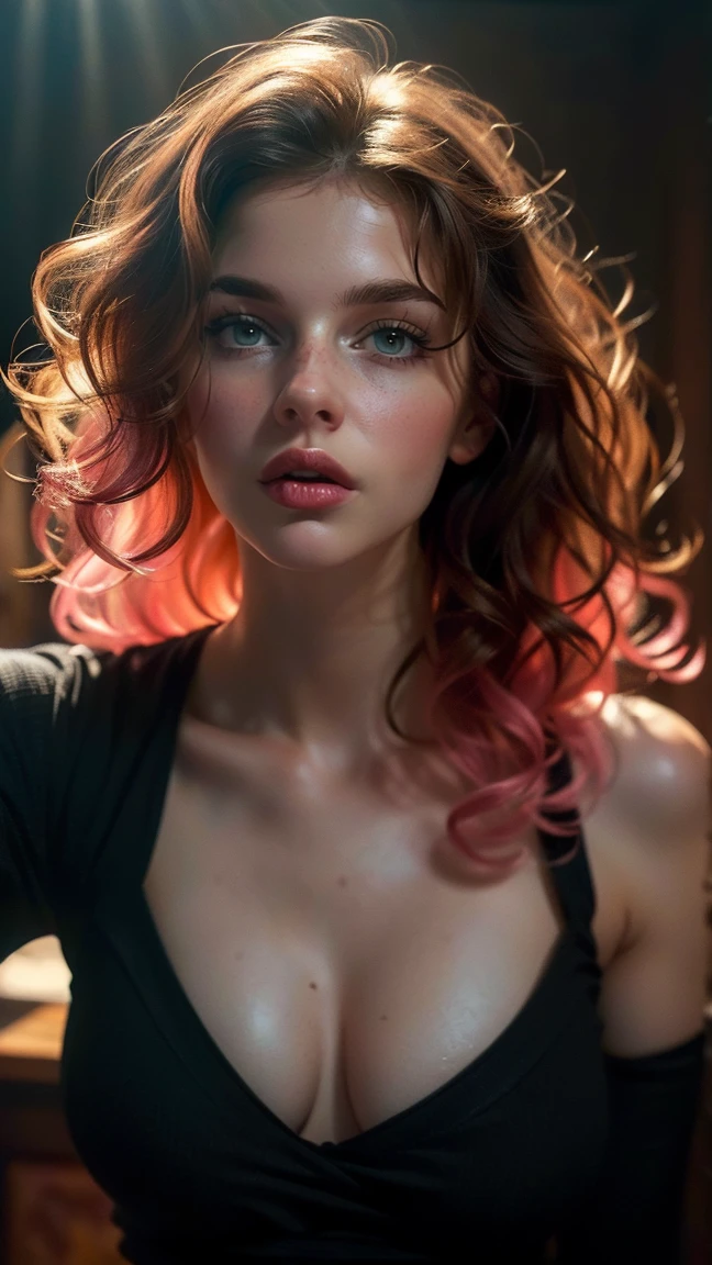 (((ultra realistic))) Photo, masterpiece, top quality, (pale skin), (Ultra detailed face and eyes:1.3), 1 girl, Adult, In Lifchik, ((Eye makeup, pink mascara)), ((large detailed lips)), ((pink wavy hair)), ((Stylish hairstyle)) , (Natural breasts), Slim waist. ((Posing, Hand on face)), photoshoot, Studio soft lighting, (The play of light and shadows), depth of field, bokeh, (special attention to skin detail: 1.2), Detailed leather texture, skin pores. (Warm atmosphere of the frame. color scheme - black, Yellow, Tons), ((Grunge style)) , UDR, ((Film grain)), ((rays)), (Glare), ((waist up portrait, close to the camera)) , ultra detialed,