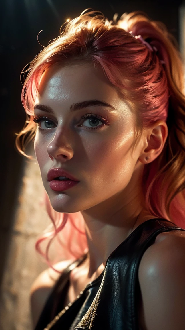 (((ultra realistic))) Photo, masterpiece, top quality, (pale skin), (Ultra detailed face and eyes:1.3), 1 girl, Adult, In Lifchik, ((Eye makeup, pink mascara)), ((large detailed lips)), ((pink wavy hair)), ((Stylish hairstyle)) , (Natural breasts), Slim waist. ((Posing, Hand on face)), photoshoot, Studio soft lighting, (The play of light and shadows), depth of field, bokeh, (special attention to skin detail: 1.2), Detailed leather texture, skin pores. (Warm atmosphere of the frame. color scheme - black, Yellow, Tons), ((Grunge style)) , UDR, ((Film grain)), ((rays)), (Glare), ((waist up portrait, close to the camera)) , ultra detialed,