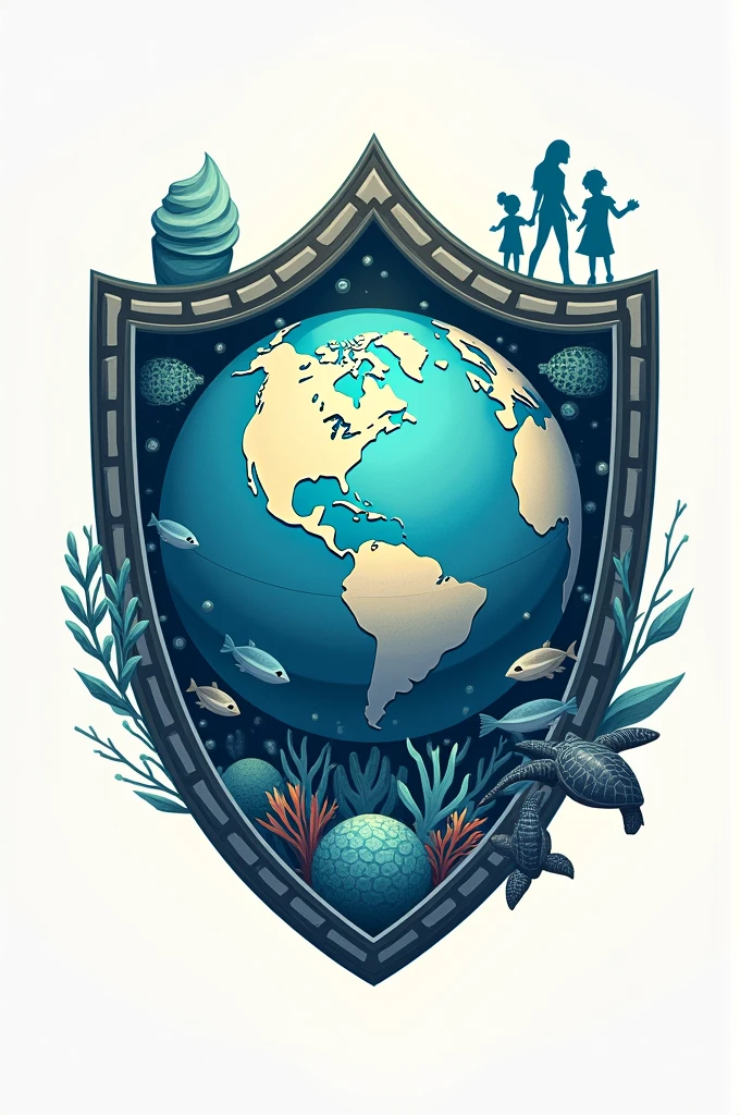 Design a shield that will be my personal brand that includes planet Earth, Marine life, the family, an ice pop and a snow cone