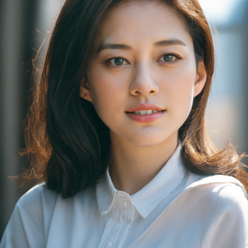 1girl, upper body, Realistic photograph best quality portrait of a beautiful gorgeous young cute Asian woman, 21yo., looking something, detailed face, Realistic texture human skin, very beauty long and slender bright glowing face, droopy hooded eyes, wavy nose, full wide lips, bright smiling, ponytail, studio portrait, (((young Marion Cotillard blended face mixed with young Anne Hathaway))), wearing bodyfit white shirt, flirting smiling portrayal, ethereal girl, intimate lighting sturdy, real photo, brown eyes, zoomed, best quality, masterpiece, Leica SL3, Summicron-SL 75mm ASPH, F/1.8, (cinematic still:1.2), Film Never Die Kiro 400 film, bokeh, rim lighting, silhouette, shallowed depth of field,