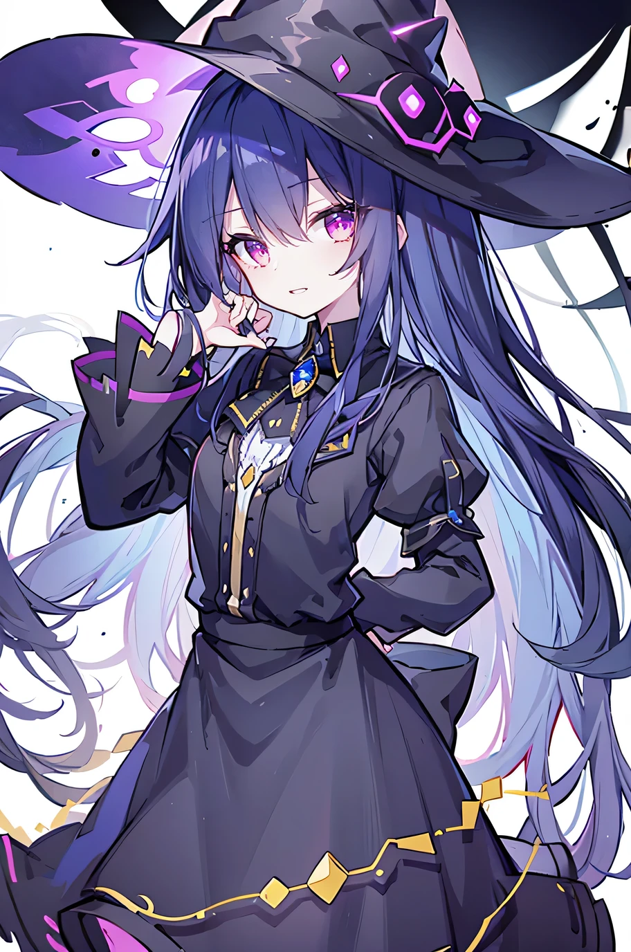 oung Girls,Humanity,A magician always smiles,big witch hat,cute,dark blue long hair,The eyes are dull,The bangs are heavy,Thin eyebrows,fantasy,intake,Double teeth,Star Theme,Constellation pattern,Solid color clothetal decoration,cloak,A bit of a dark atmosphere,A little crazy smile,When the big moon shines outside at night,blood,Hair black star embellishment,Short tie,No nails,High waist skirt,Bell sleeves,Long-sleeved shirt,Black tie,low risk,gentlemen。Mist、Yellow and white effect,Shocking pink as an accent color