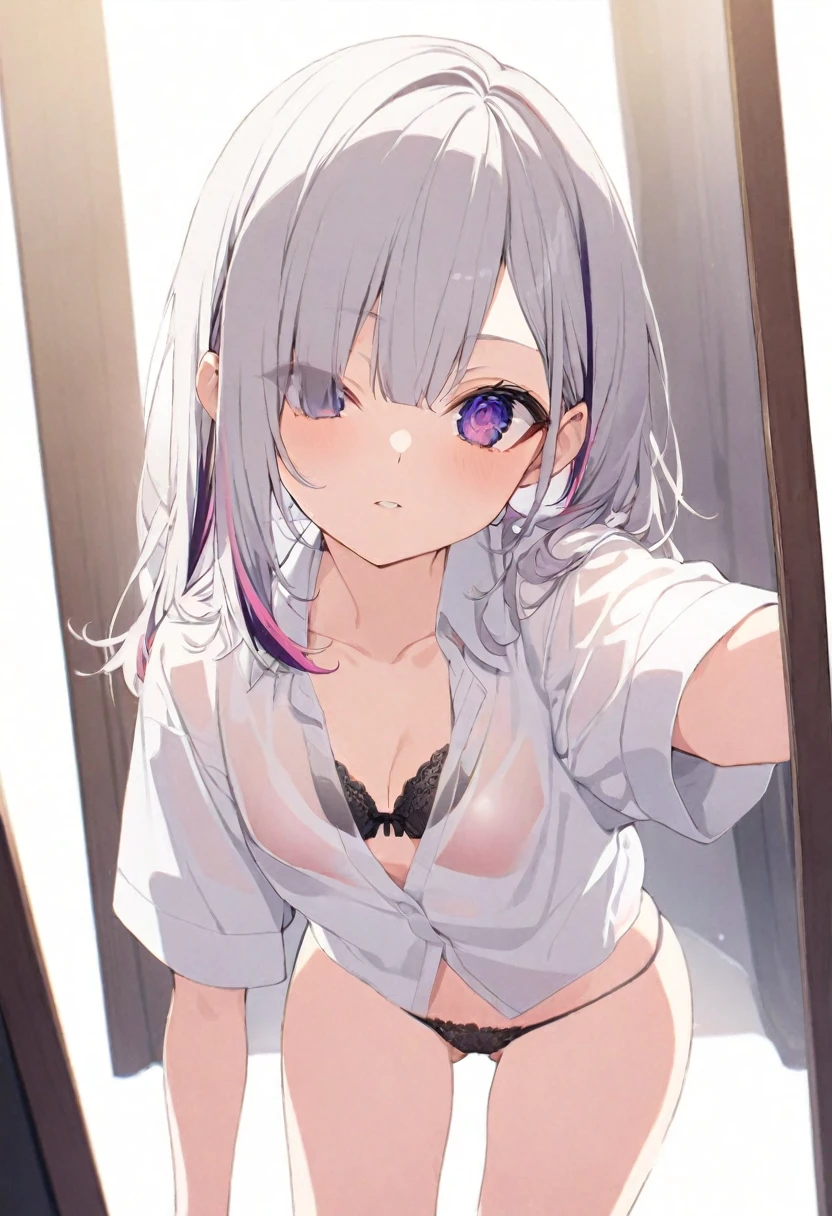 (muste piece), (best quality), (score_9, score_8_up, score_7_up), very detailed eyes, expressive eyes, perfect face, very detailed face, highly detailed face, beautiful girl, 8K, beautiful girl, (white background), delicate and beautiful face and eyes, dark intense shadow, Ultra-high resolution, Movie Lighting, (Fuji Color: 1.2) portrait,
1 girl, vtuber style, cool girl, hololive, vtuber, amane kanata, multicolored hair, grey hair, purple eyes, sharp eyes, tomboy, see-through:shirt, Unbuttoned shirt, bra, thong, close one eye, look up, small chest, cleavage, messy hair, cameltoe, clavicle, body visible through clothes, chest visible through clothes, ass visible through thighs, (full body), stand in front of mirror, Selfie,