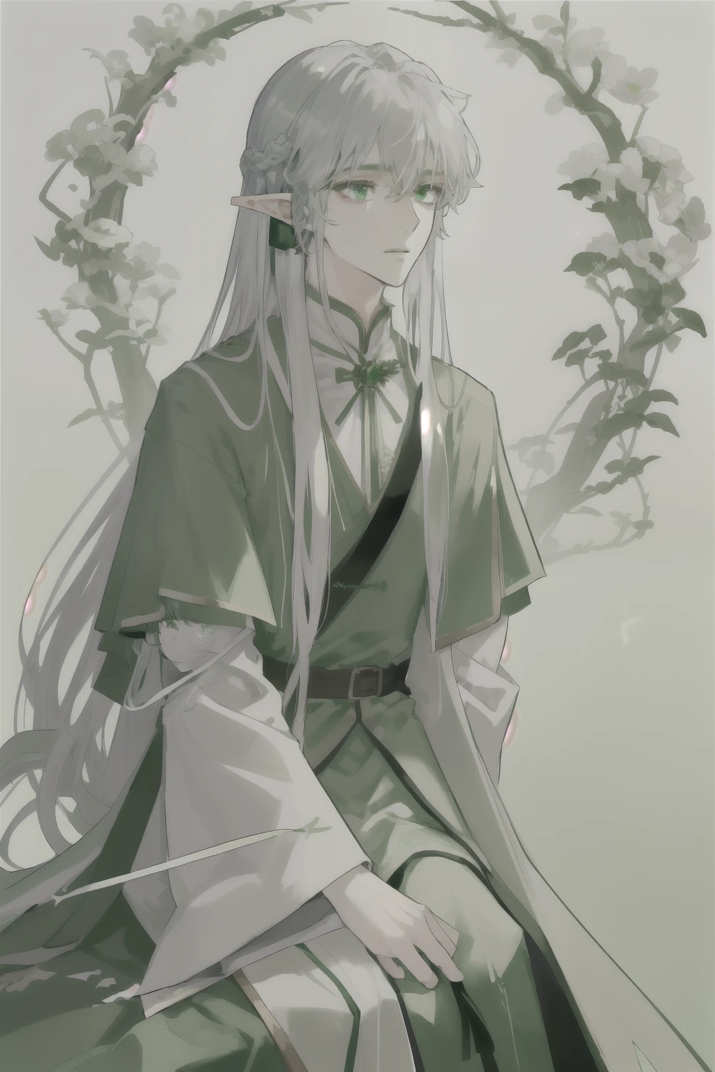 （masterpiece），（individual！！！！！）male，Elves，individual，Deep but clear eyes，Light green eyes，White skin，Silver long hair，Straight Hair，Wearing hair，非常Simple深绿色长袍，Gentle but calm，simple，Simple，Noble and elegant temperament，（Pure dark green robe！！！）（Solid color robe）Learn from excellent examples，juvenile，juvenile感（individual！！！！！！！！！！！！！！！！！！！！！！！！individual！！！！！！！！！！！！！！！！！）{individual！！！！！！}{Western Elves}{Deep green magic robe}