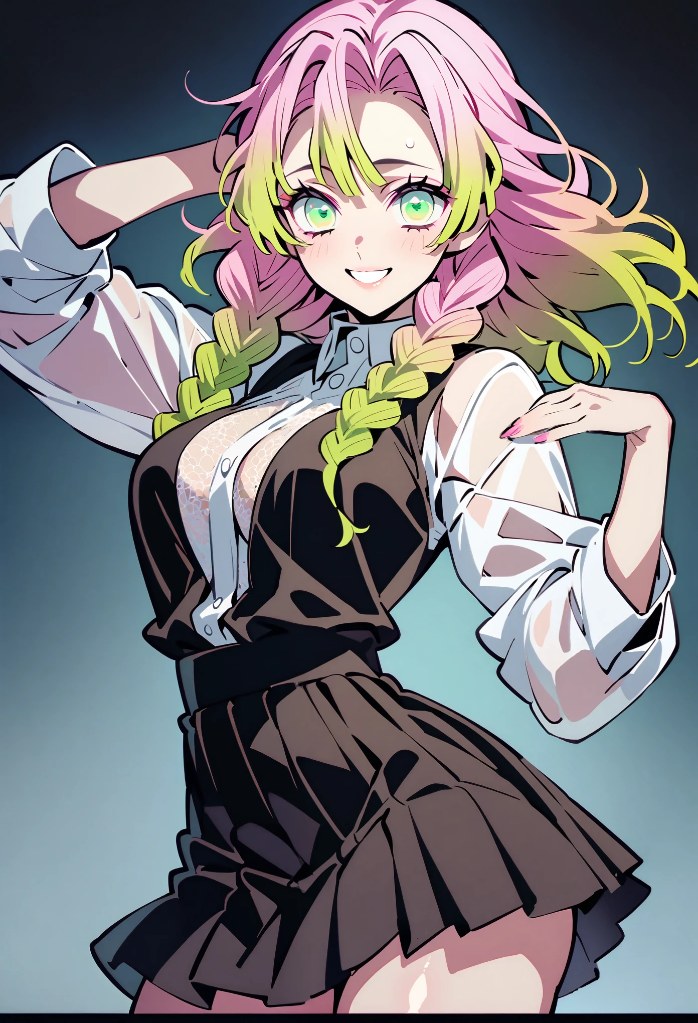 score_9, score_8_up, score_7_up, nsfw, (Demon Slayer, kimetsu no yaiba style), KMitsuriV4XL, (1girl, solo), (gradient hair, pink hair, light green hair, shiny hair), green eyes, glossy skin, tucked flared lace see-through blouse, short pleated skirt, dancing, smile, looking at viewer