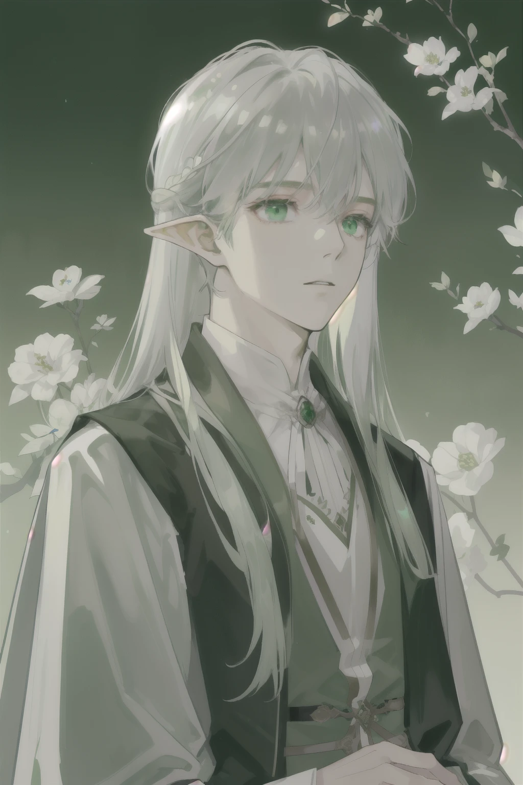 (masterpiece),(individual!!!!!)male,Elves,individual,Deep but clear eyes,Light green eyes,White skin,Silver long hair,Straight Hair,Wearing hair,非常Simple深绿色长袍,Gentle but calm,simple,Simple,Noble and elegant temperament,(Pure dark green robe!!!)(Solid color robe)Learn from excellent examples,juvenile,juvenile感(individual!!!!!!!!!!!!!!!!!!!!!!!!individual!!!!!!!!!!!!!!!!!){individual!!!!!!}{Western Elves}{Deep green magic robe}