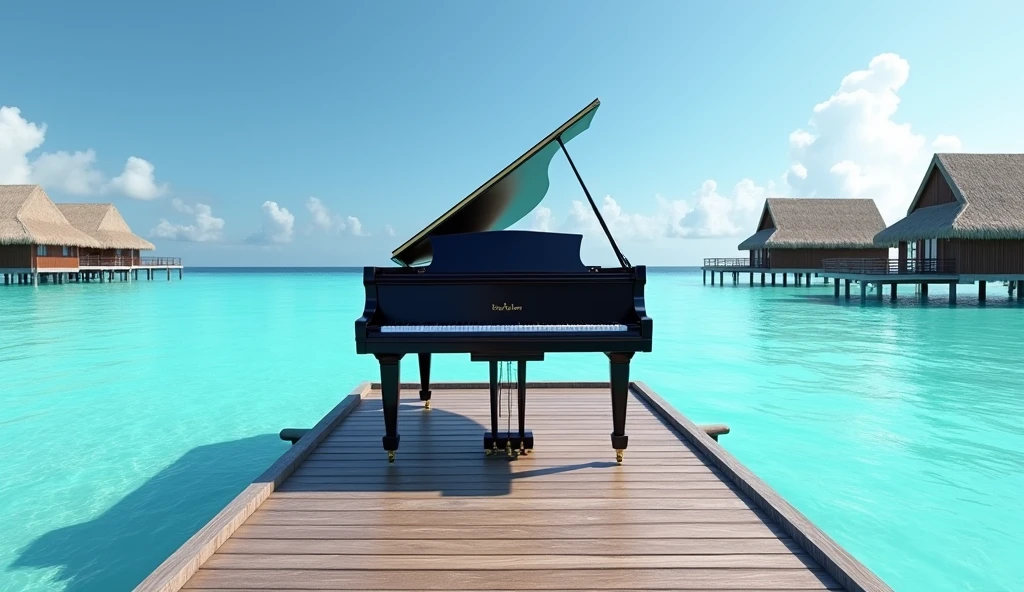 A black grand piano in natural light、Shows a wooden pier leading to thatched roof overwater bungalows。The sky is clear and there are few clouds、The sea is a vibrant turquoise color。This setting is、Interesting for its quiet and picturesque quality、Tropical resort