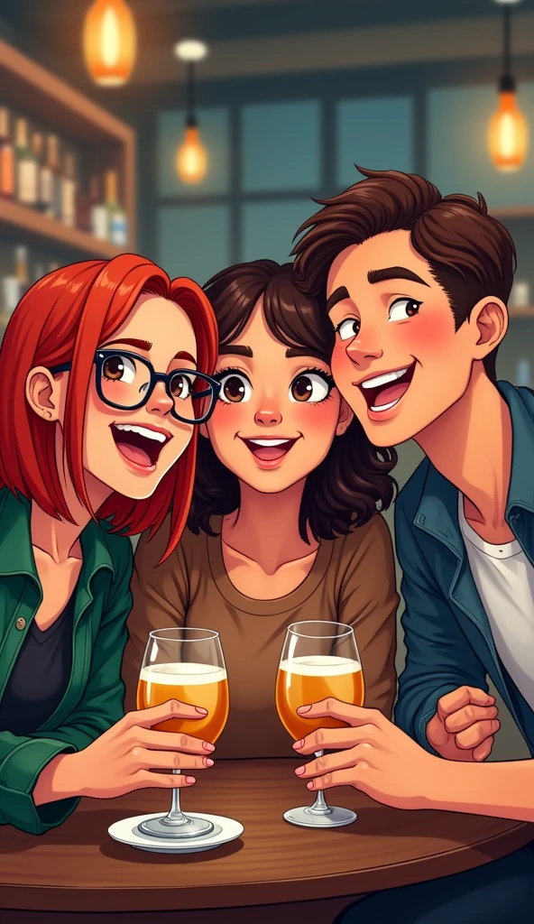 A group of three European friends are sitting in a bar and taking selfies. First friend: a girl with straight red hair just below her shoulders, brown eyes and round glasses. Second friend: a brunette girl with slightly curly hair and brown eyes without glasses. The third friend: a guy with a dark brown square with brown eyes. Manga style