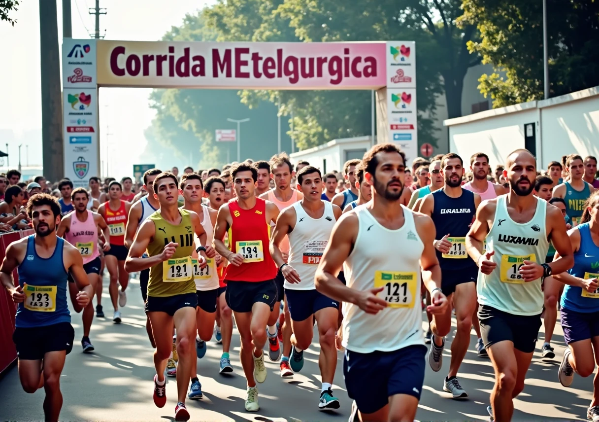 A high-quality photo of a large group of Brazilian people running in a marathon during the daytime. The runners, wearing a variety of colorful athletic gear, are in mid-stride, with expressions of focus and determination. sunlight dapples the ground, creating dynamic shadows. The scene is lively with spectators cheering from the sidelines, and the overall atmosphere is energetic and celebratory. Text written on banner "1ª Corrida Metelurgica"