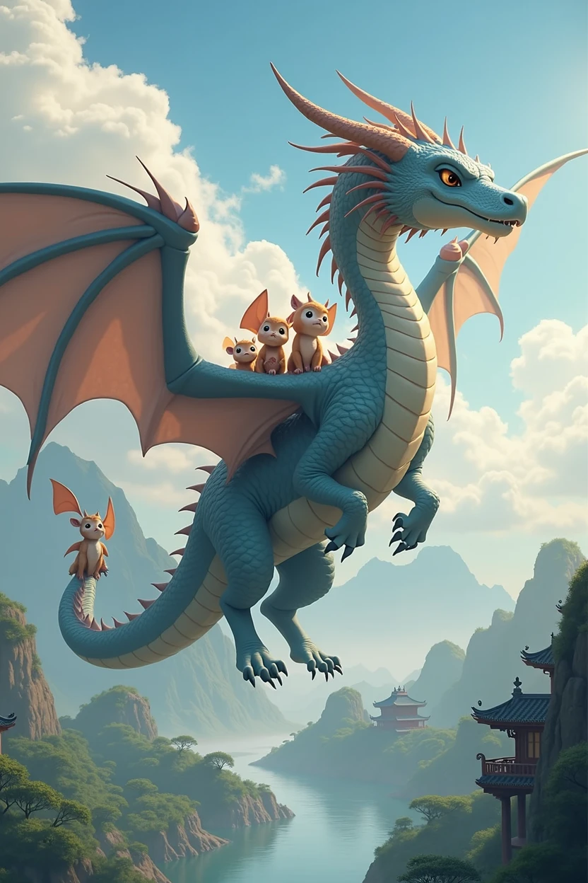 A gray dragon,huge,fly,Don't need wings,with a few small dragons on its back,cute style,Chinese style in the background