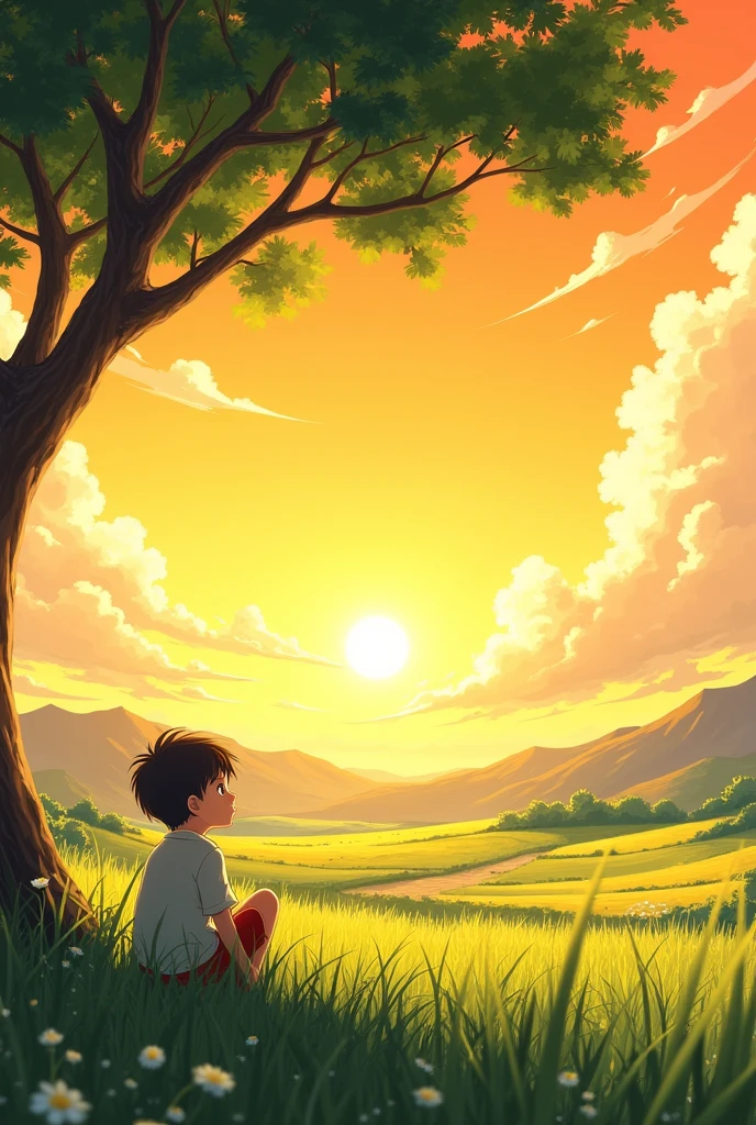Creates an image of a senere, sunlit rural scene in a vibrant and detailed anime style. The scene is a boy sitting next to a tree in an summer meadow, watching a vast golden yellow sky with bench spots, incredible sunset, tall grasses, makoto shinkai cyril rolando, 4k anime art wallpaper, small grass, shadows in the leaves of the trees and clouds, and. In the background you can see an infinite mountain range. The sky is a bright blue, dotted with fluffy white clouds. The overall atmosphere is calm and nostalgic, evoking a warm summer day.