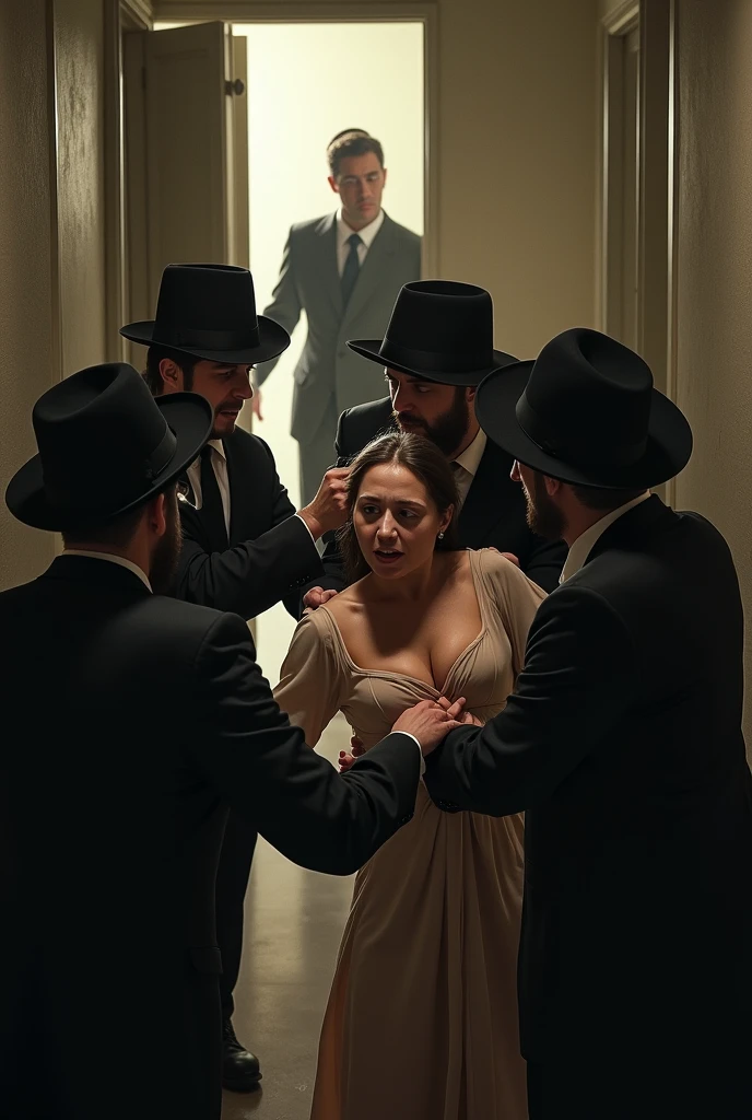 A powerful and unsettling scene of a light-skinned woman, displaying depraved behavior, being held by several Jewish individuals. In the background, the woman's husband stands at the entrance, watching in horror and disbelief. The lighting in the scene is eerie, with long shadows cast by the figures and a sense of tension in the air.