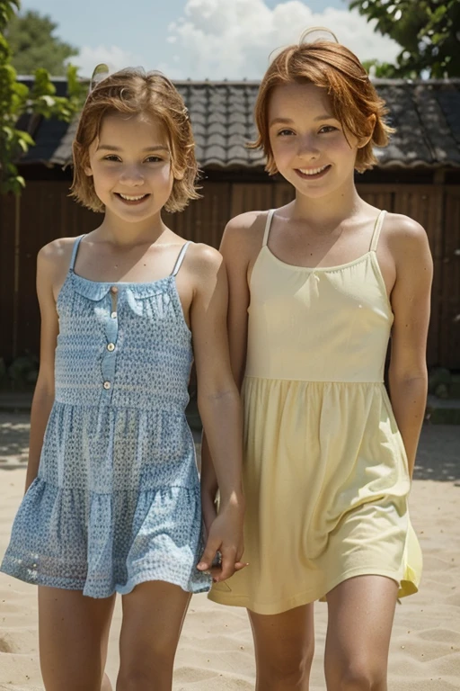 Happy sweden youngs kids with short ginger hair, dressed in light short summer dress, play together, on a scorching summer day, after swim 