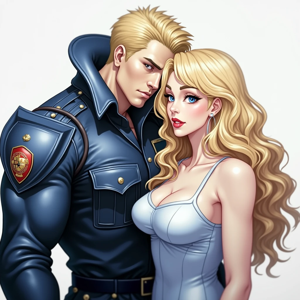 blonde, leather jacket, Police uniform, Handsome young man, Big tits beauty