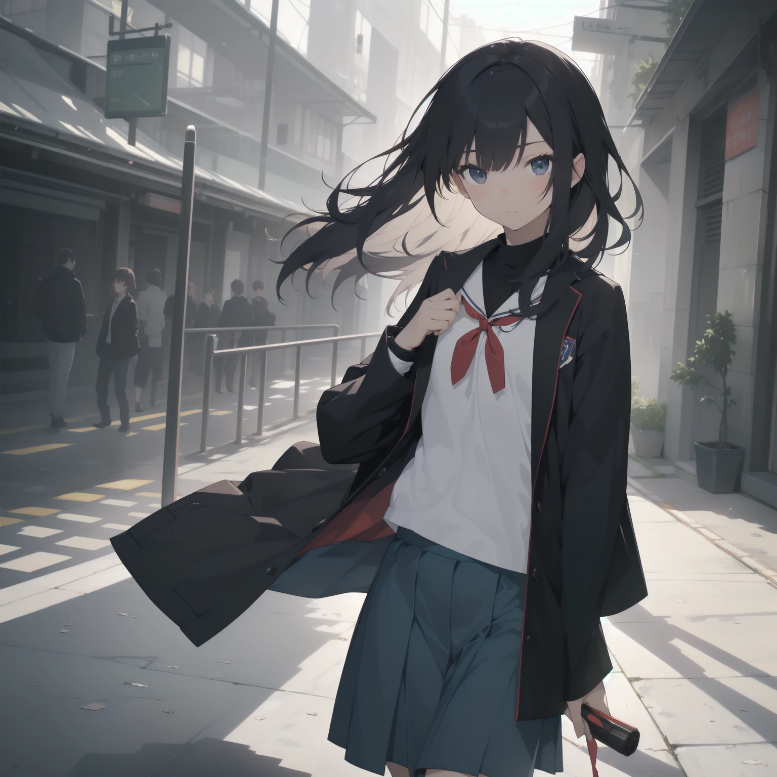 ultra-absurdres-Top quality by artist God, ultra-detailed, high resolution, anime moe artstyle, best anime 8k konachan wallpaper, pixiv contest winner, pool:2810, perfect anatomy,break, 1girl, (Please draw a girl walking sleepily to school alone. )break,(Solo,little female, 16-year-old:1.3),Full limbs, complete fingers,a high school student, large breasts, groin, butt, small black eyes, beautiful detailed eyes, well-proportioned iris and pupils, expressive eyes, highres detailed hair, soft expression, salor school_uniform, sailor collar, serahuku, bow, pleated skirt,(Detailed Lighting), (Detailed background), in the School commute route. break,super detailed skin, Best cinematic lighting powered by famous artist, 8k,beauty illustration,photoshop_(medium),very aesthetic,break,((artist:izumi_tsubasu )), artist:clamp ,artist:carnelian ,artist:kantoku ,