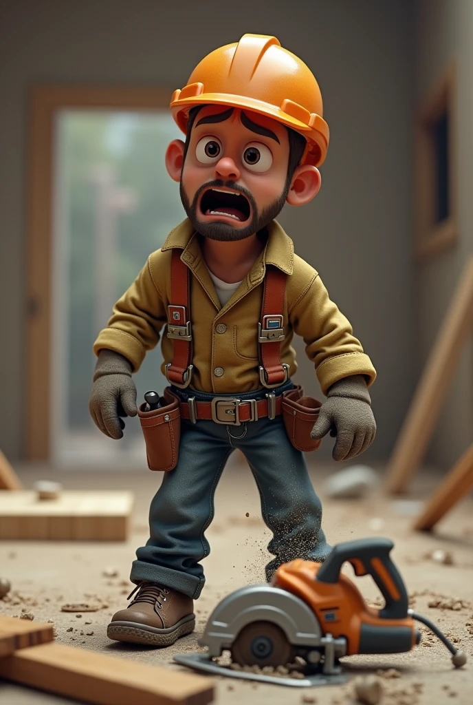 A construction worker with a shocked face, with his broken circular saw. He wears an orange helmet, with a safety belt