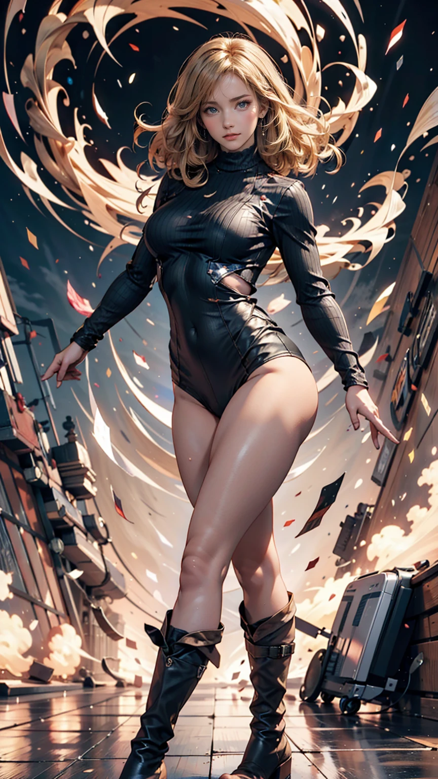 masterpiece, Highest quality, sour, Grey sweater, Black leotard, Spin around, spin, Blonde, Superhero, boots, tornado, Circlingwind, alone, barefoot, Circling, Wind effects, spinning into a tornado, fast spin, stand, time travel, Travel through time, High leg, Perfect hands, Perfect Fingers, High leg leotard, Power ups, tornado swirls