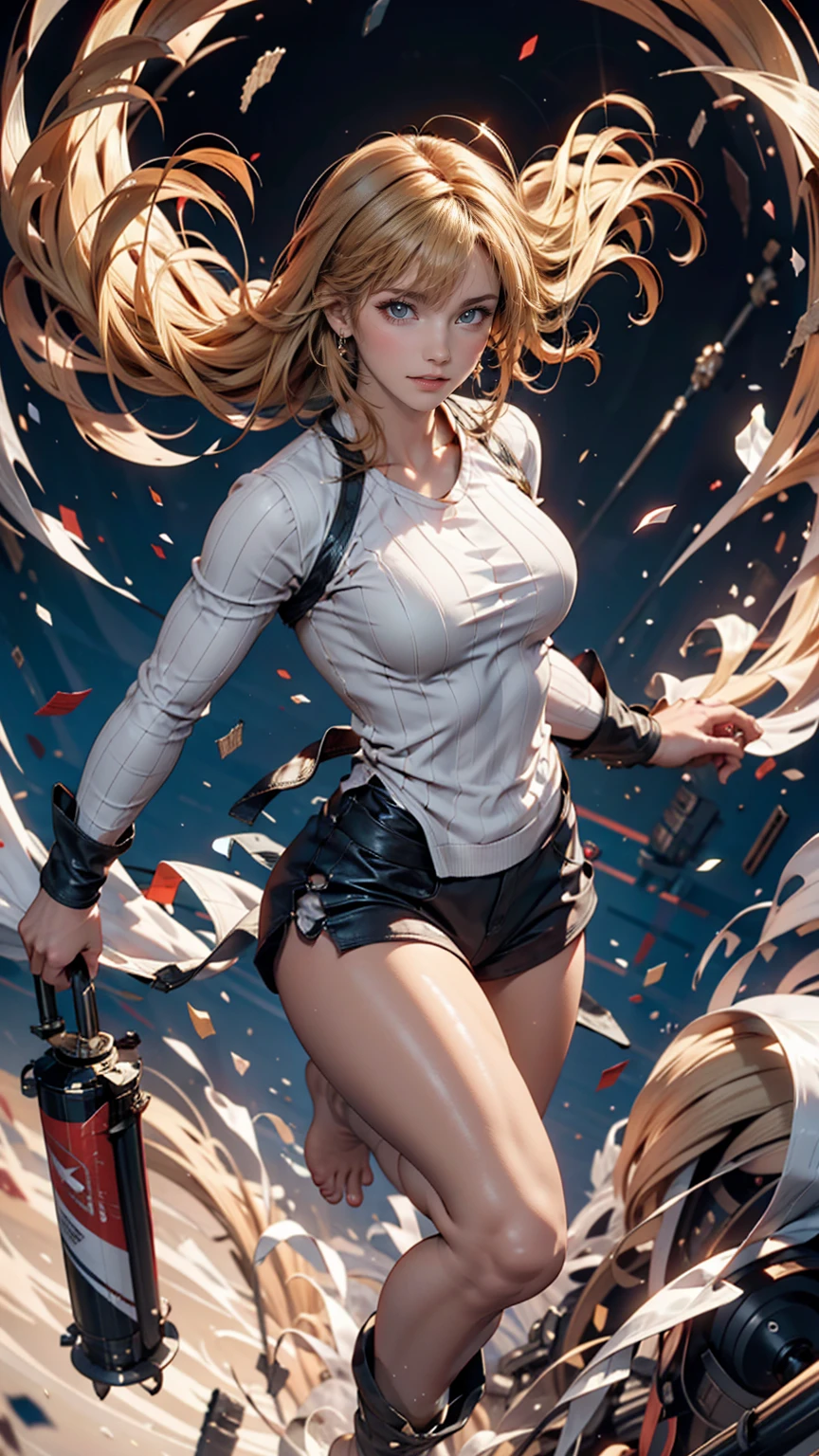 masterpiece, Highest quality, sour, Grey sweater, Black leotard, Spin around, spin, Blonde, Superhero, boots, tornado, Circlingwind, alone, barefoot, Circling, Wind effects, spinning into a tornado, fast spin, stand, time travel, Travel through time, High leg, Perfect hands, Perfect Fingers, High leg leotard, Power ups, tornado swirls