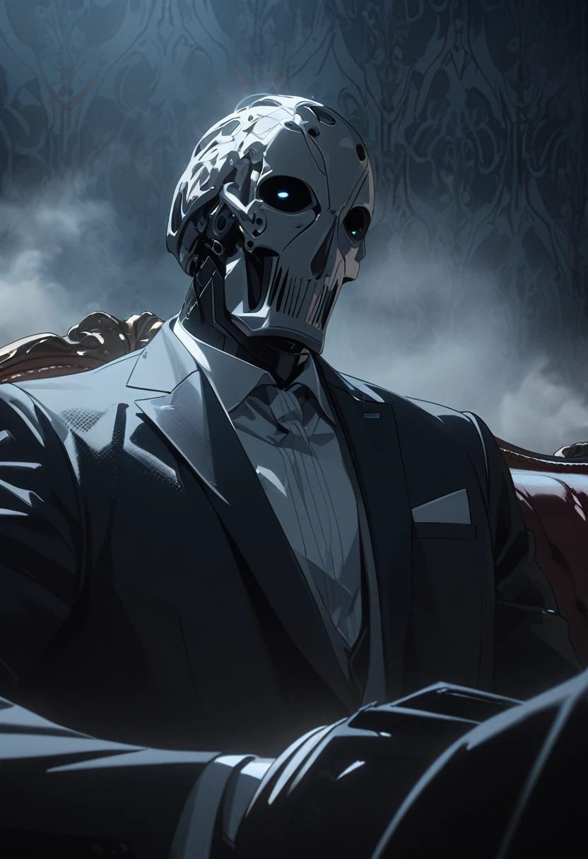 1man, masterpiece, strange head, eye head, couch, gun, pistol, smoke, formal clothes, suit, white shirt, high details, gorgeous, no humans, cinematic, dramatic,contrast, night, fog, wallpaper, misteryous, digital art,