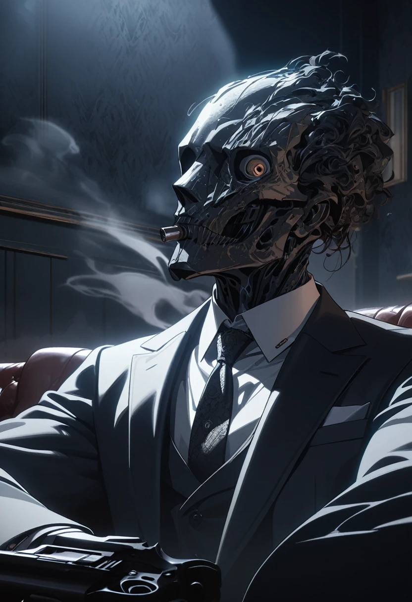 1man, masterpiece, strange head, eye head, couch, gun, pistol, smoke, formal clothes, suit, white shirt, high details, gorgeous, no humans, cinematic, dramatic,contrast, night, fog, wallpaper, misteryous, digital art,