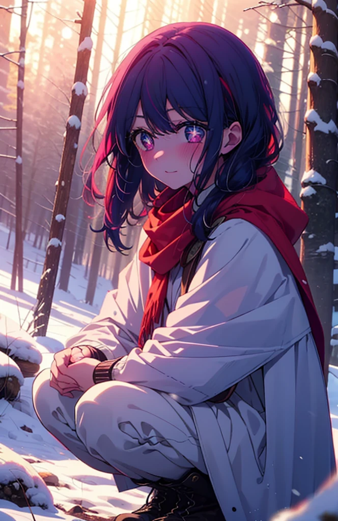 aihoshino, Ai Hoshino, Long Hair, bangs, (Purple eyes:1.1), Purple Hair, (Symbol-shaped pupil:1.5), smile,,smile,blush,white breath,
Open your mouth,snow,Ground bonfire, Outdoor, boots, snowing, From the side, wood, suitcase, Cape, Blurred, , forest, White handbag, nature, Squat, Mouth closed, Cape, winter, Written boundary depth, Black shoes, red Cape break looking at viewer, Upper Body, whole body, break Outdoor, forest, nature, break (masterpiece:1.2), Highest quality, High resolution, unity 8k wallpaper, (shape:0.8), (Beautiful and beautiful eyes:1.6), Highly detailed face, Perfect lighting, Extremely detailed CG, (Perfect hands, Perfect Anatomy),