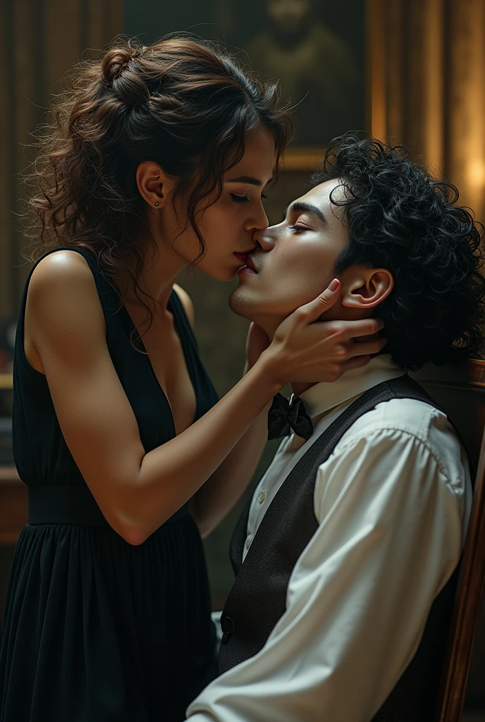 Create a boy that has curly, iridescent midnight hair and sharp cheekbones. He has long, black eyelashes and soft lips. His eyes are black with a golden ring around the pupils. He wears kohl under his eyes. He has very pale skin. Make him sit down on a chair, in front of a desk. Add a girl standing above him with a knife to his throat. While she holds the a knife to so close to his throat they are kissing. The girl has a slim figure and soft features, such as her heart-shaped face. Make her pale and her eyes the exact color of walnuts. Her hair needs to be brown, the color of a willow tree. The hairstyle she is with are braided horns. She has have fuller breasts and larger hips.