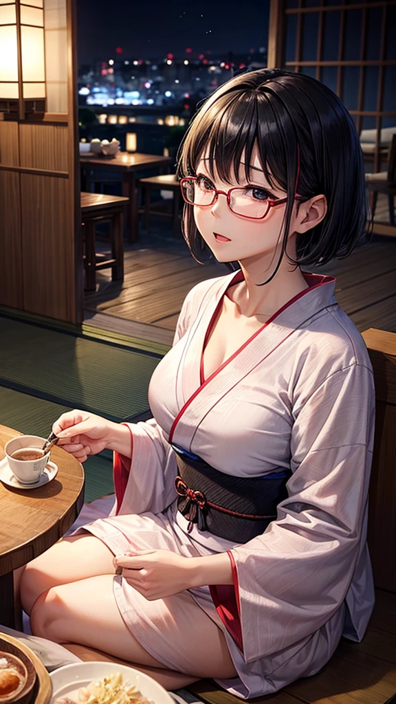 (masterpiece),(best quality),very aesthetic,(ultra-detailed),(super-fine illustration),nsfw,1girl,,slender,tall,medium hair,black hair,natural wave hair,flipped hair,dark green eyes,(drunk:1.2),enjoyable,laughting,open mouth,happy,relaxing,glasses,breathing,dark green yukata with onsen symbol,(loose chest:0.7),untied,low table,japanese hotel room,on futon,television,inroom,window,Indirect lighting with beautiful wood grain,Outside is a sparsely lit country town scene,night,evening,japanese sake bottle,Indirect lighting with beautiful wood grain,japanese sake bottle,grabbing a sake cup,drinking sake,cowboy shot