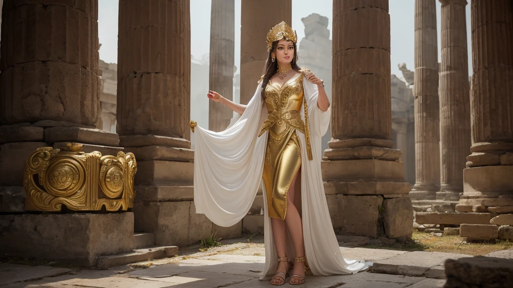 Create a highly detailed and realistic image of the Greek goddess Athena standing amidst ancient ruins. She is dressed in flowing, elegant white robes, with a golden trim, and holds a shield emblazoned with the face of Medusa in one hand. In her other hand, she wields a long spear with a golden tip. Athena's expression is calm and resolute, and she wears a golden helmet adorned with a red plume. A wise owl flies near her, symbolizing wisdom, and the background features the remnants of an ancient temple, with columns and stone debris, bathed in soft, ethereal light. The overall atmosphere is serene and powerful, with a subtle mist enveloping the scene, adding a mystical quality to the image