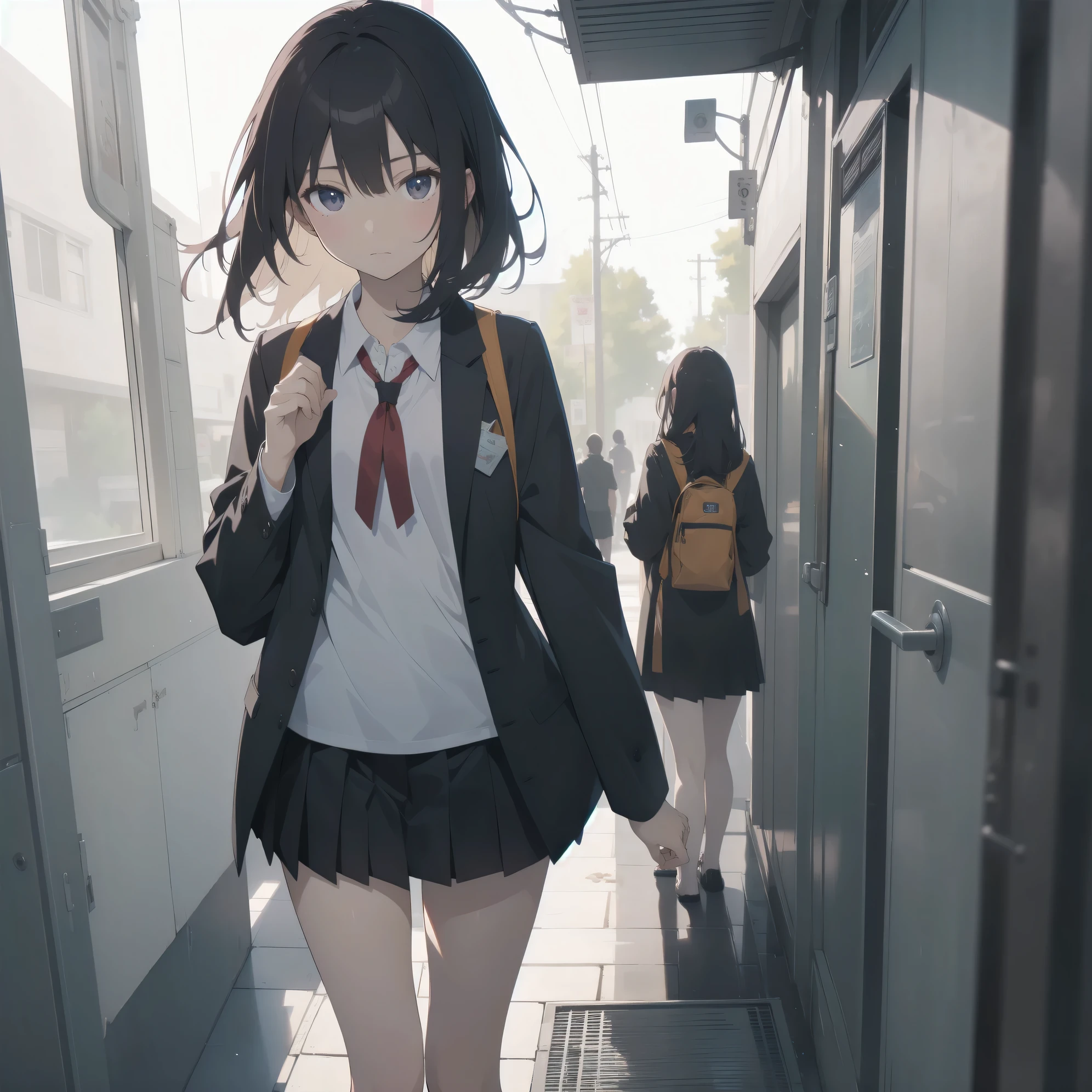 ultra-absurdres-Top quality by artist God, ultra-detailed, high resolution, anime moe artstyle, best anime 8k konachan wallpaper, pixiv contest winner, pool:2810, perfect ???????,break, 1girl, (Please draw a girl walking sleepily to school alone. )break,(Solo,little female, 16-year-old:1.3),Full limbs, complete fingers,a high school student, medium breasts, groin, butt, small black eyes, beautiful detailed eyes, well-proportioned iris and pupils, expressive eyes, highres detailed hair, soft expression, salor school_uniform, sailor collar, serahuku, bow, pleated skirt,(Detailed Lighting), (Detailed background), in the School commute route. break,super detailed skin, Best cinematic lighting powered by famous artist, 8k,beauty illustration,photoshop_(medium),very aesthetic,break,((artist:izumi_tsubasu )), artist:clamp ,artist:carnelian ,artist:kantoku ,