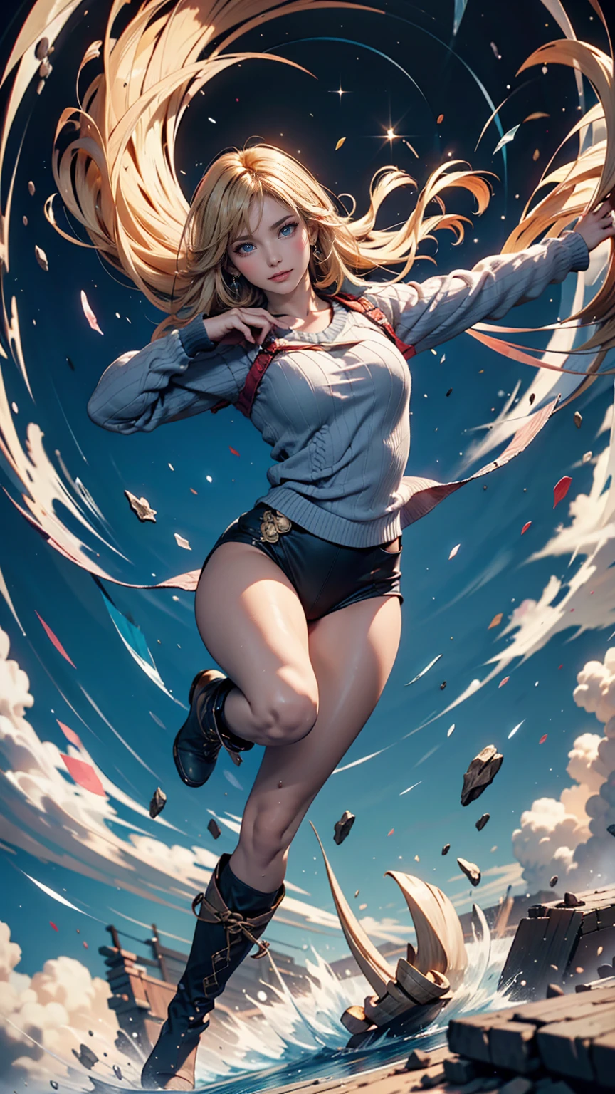 masterpiece, Highest quality, sour, Grey sweater, Black leotard, Spin around, spin, Blonde, Superhero, boots, tornado, Circlingwind, alone, barefoot, Circling, Wind effects, spinning into a tornado, fast spin, stand, time travel, Travel through time, High leg, Perfect hands, Perfect Fingers, High leg leotard, Power ups, tornado swirls