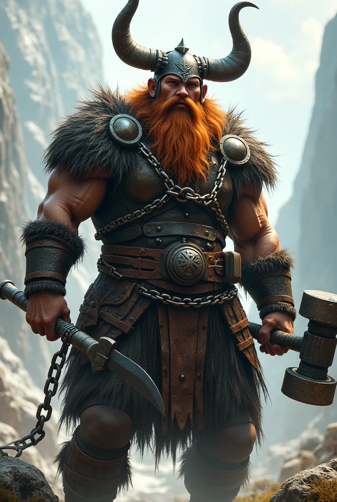 a fat ginger bearded viking wearing double horned helmet and chain vest with his chained hook in left hand and hammer on the right hand