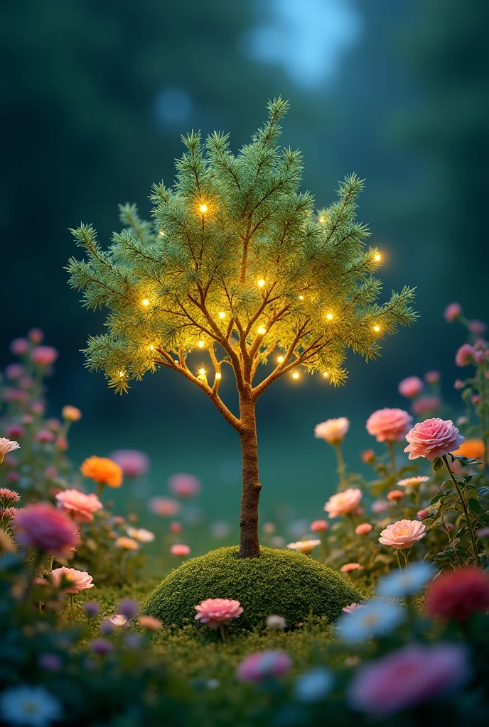 It's night, in a beautiful garden there is a small tree with lights hanging on it, and around the tree there are different kinds of flowers.