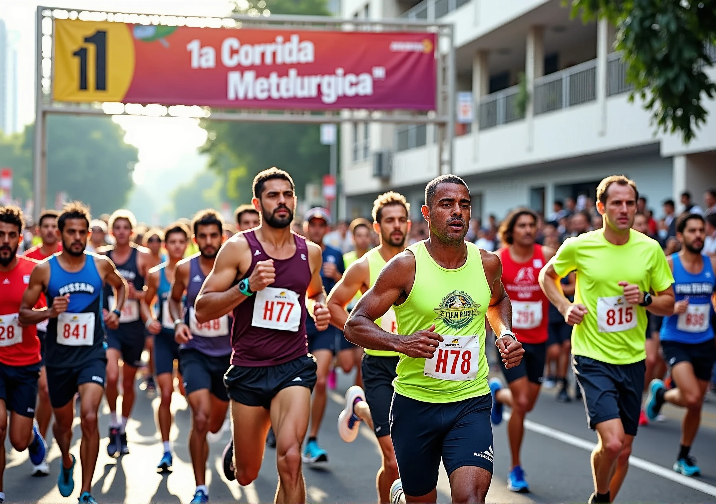 A high-quality photo of a large group of Brazilian people running in a marathon during the daytime. The runners, wearing a variety of colorful athletic gear, are in mid-stride, with expressions of focus and determination. sunlight dapples the ground, creating dynamic shadows. The scene is lively with spectators cheering from the sidelines, and the overall atmosphere is energetic and celebratory. Text written on banner "1ª Corrida Metelurgica"