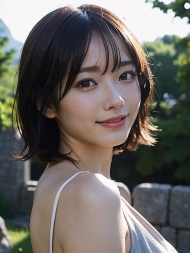 RAW Photos、masterpiece、Highest quality、Realistic、超High resolution、High resolution、16k wallpaper、Very detailed、Finer details、Cinema Lighting、In front of the stone wall、18-year-old female、Realistic Skin、((Dark Eyes))、A shy smile、(Medium Short Hair)、Grey Dress、Yoshitomo Nara, shikamimi, Chiho, mayuri shiina, A real young gravure idol, beast, , Kotegawa Yui, 8k、narumi kakinouchi