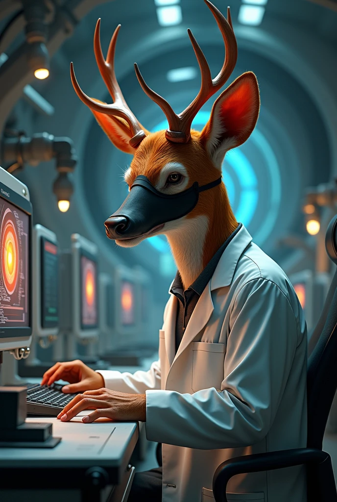 Humanoid and brilliant scientist, is a red anthropomorphic deer, Wear a mask, is about 70 years old and is responsible for controlling black holes