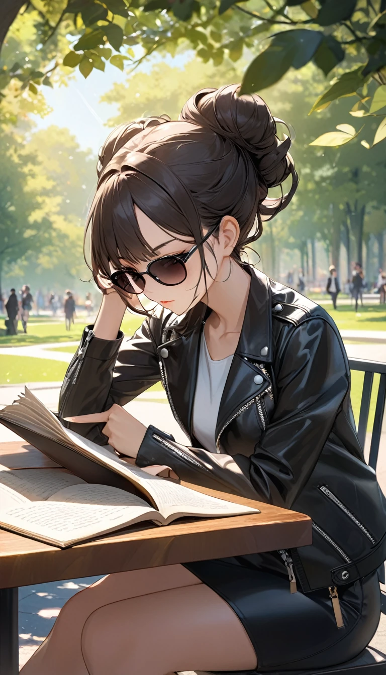 A striking young woman sits at a table in a sunlit park, fully immersed in reading a book. She has long, dark hair elegantly tied up in a bun, with stylish sunglasses perched ((on top her head)). Her hair is accented with a few loose, soft curls that frame her face, adding a delicate touch to her strong features. She wears a sleek black leather jacket with prominent zippers, which complements her modern, edgy style. Her expression is focused and serene, with a subtle sense of confidence. Her overall look is both chic and approachable, capturing a blend of sophistication and natural beauty