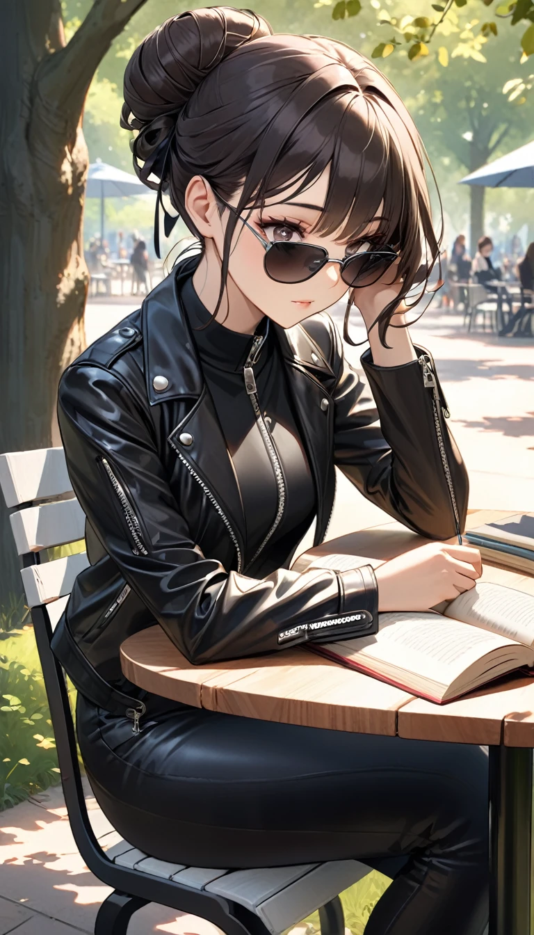 A striking young woman sits at a table in a sunlit park, fully immersed in reading a book. She has long, dark hair elegantly tied up in a bun, with stylish sunglasses perched ((on top her head)). Her hair is accented with a few loose, soft curls that frame her face, adding a delicate touch to her strong features. She wears a sleek black leather jacket with prominent zippers, which complements her modern, edgy style. Her expression is focused and serene, with a subtle sense of confidence. Her overall look is both chic and approachable, capturing a blend of sophistication and natural beauty