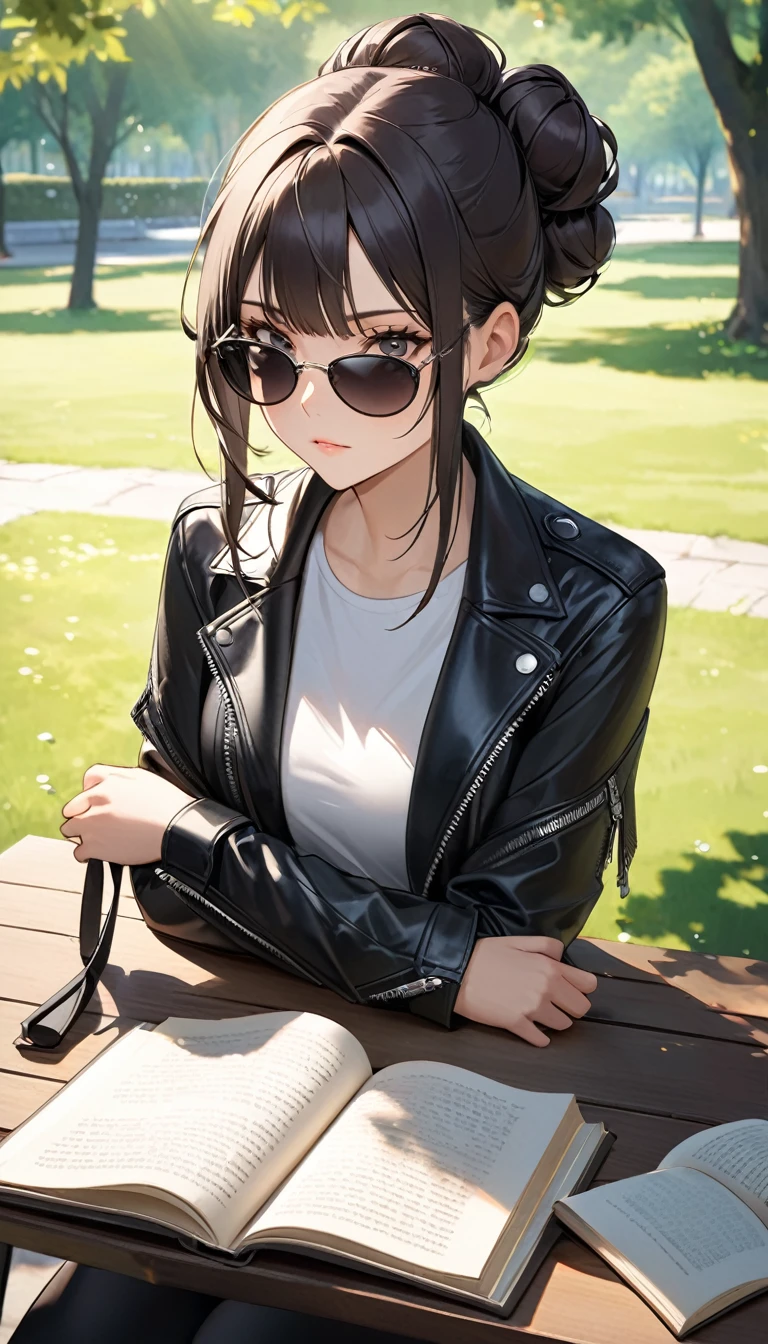 A striking young woman sits at a table in a sunlit park, fully immersed in reading a book. She has long, dark hair elegantly tied up in a bun, with stylish sunglasses perched ((on top her head)). Her hair is accented with a few loose, soft curls that frame her face, adding a delicate touch to her strong features. She wears a sleek black leather jacket with prominent zippers, which complements her modern, edgy style. Her expression is focused and serene, with a subtle sense of confidence. Her overall look is both chic and approachable, capturing a blend of sophistication and natural beauty