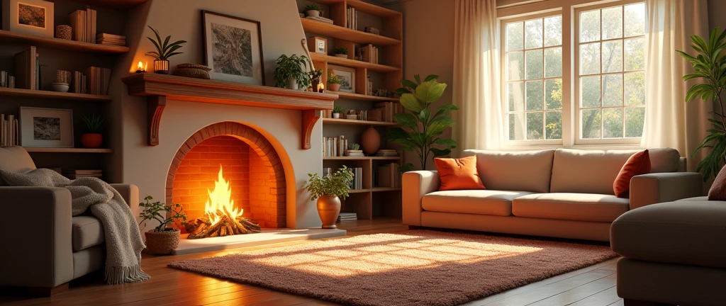 stars appearing, a brightly lit living room with a fireplace and sofa, cozy home background, detailed lighting and textures, cozy living room background, cozy place, cozy wallpaper, cozy and calm, cozy envirnment, cozy envirnment, Detailed textures and lighting, cozy room, interior background art, Personal room background, cozy atmospheric, cozy and peaceful environment, relaxing concept art