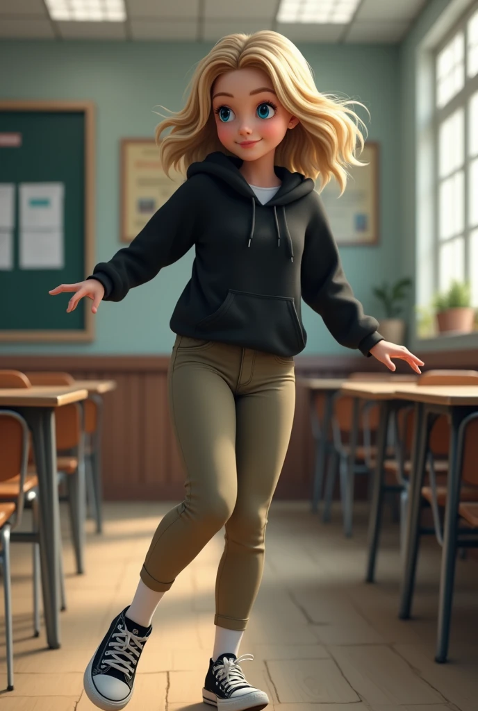 Realistic high school white girl, blonde hair, blue eyes, tight khaki pants, black high top converse shoes, black hoodie, white socks, one leg kicking in the air towards the camera, classroom background, full body, backside, butt. 
